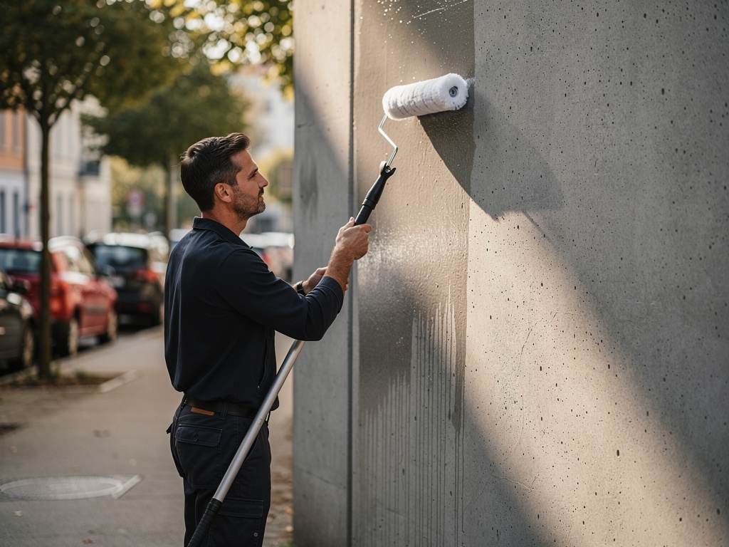 Auftrag von Anti-Graffiti-Beschichtung auf Betonwand