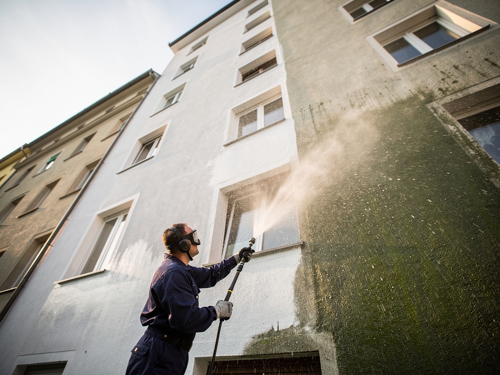 Professionelle Hochdruckreinigung einer Hausfassade in München